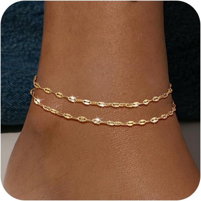 Robaice Ankle Bracelets for Women, Glitter Waterproof Adjustable Anklet for Women, 14K Gold Plated/Sterling Silver Layered Anklets, Summer Beach Anklet Jewelry for Women Gift - Image 1